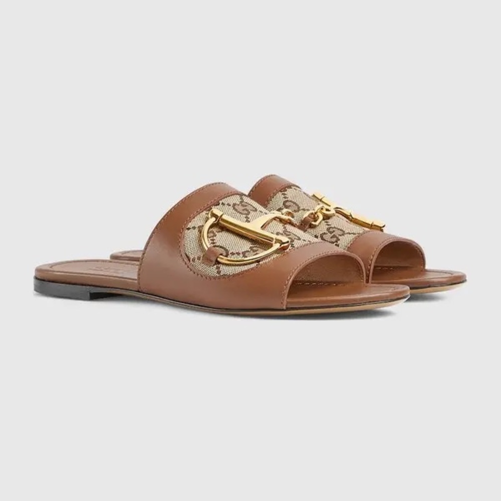NWT AUTHENTIC Gucci Tan Leather Slide Sandals with Gold Detail SIZE 38